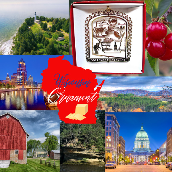 Wisconsin State Ornament Brass - Icons Madison Green Bay Milwaukee Beer Cheese - Picture 2 of 7